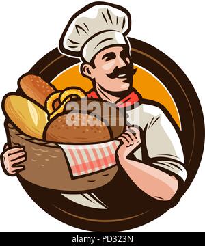 Boulangerie, boulangerie logo ou label. Baker avec un panier en osier de pain frais. Vector illustration Illustration de Vecteur