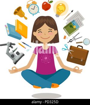 L'école, le concept. Funny student sitting in lotus pose. Vector illustration Illustration de Vecteur