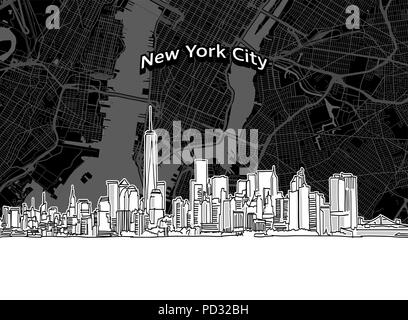 Dessin vectoriel de New York City skyline avec carte. USA voyages monument. Couvercle noir et blanc et l'arrière-plan concept. Illustration de Vecteur