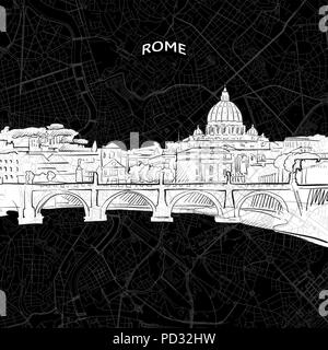 Dessin vectoriel de Rome skyline avec carte. Italie billet monument. Couvercle noir et blanc et l'arrière-plan concept. Illustration de Vecteur