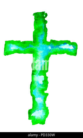 Illustration à l'aquarelle de croix en vert, turquoise, bleu, couleur, isolé sur un fond blanc. Holy Rood. Banque D'Images