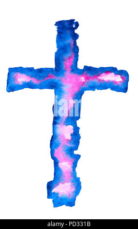 Illustration à l'aquarelle de croix dans un bleu marine, violet, rose, bleu foncé, isolé sur un fond blanc. Holy Rood. Banque D'Images