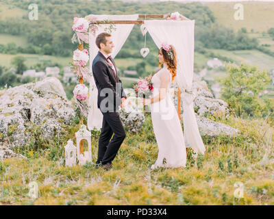 Vue horizontale de la cérémonie de mariage dans les montagnes. Banque D'Images