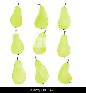 Ensemble de 9 fruits poire, vert. Peint à la main à l'aquarelle numérique illustration. Dessin Simple et minimaliste de fruits isolé sur fond blanc. Banque D'Images