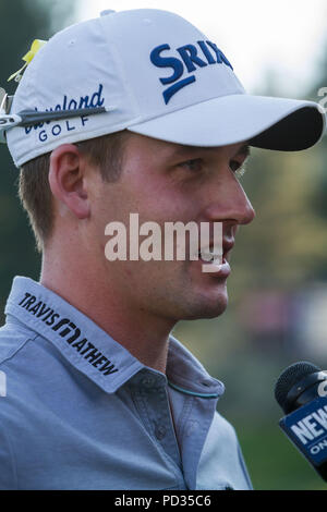 Reno, Nevada, USA. 5 Août, 2018. Dimanche, août 5, 2018.ANDREW, Putnam est interviewd tout de suite après sa victoire au Championnat Barracuda 2018 au Montreux Golf & Country Club. Le tournoi de golf de championnat de barracuda est l'un des 47 arrêts sur le PGA Tour à travers le monde, et a fait don de près de 4 millions de dollars à des organismes de bienfaisance depuis 1999. Ouvert en 1997, le par-72 a été conçu par Jack Nicklaus, joue à 7 472 mètres (6 832 m) et son altitude moyenne est de 5 600 pieds (1 710 m) au-dessus du niveau de la mer.Le MontrÂux Golf and Country Club est situé à mi-chemin entre Reno et Lake Tahoe.Comme le t Banque D'Images