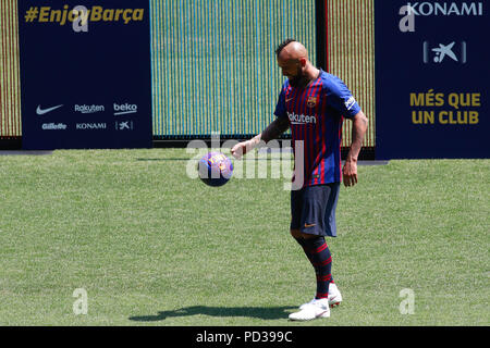 Barcelone, Espagne. Le 6 août 2018. 6e août 2018. Camp Nou, Barcelona, Espagne -Présentation d'Arturo Vidal en tant que nouveau joueur du FC Barcelone, à Barcelone : Crédit7 AFP/ZUMA/Alamy Fil Live News Banque D'Images