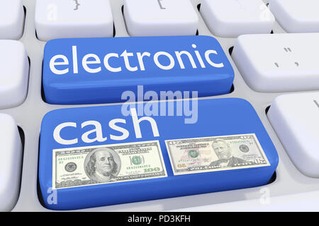3D illustration de clavier de l'ordinateur avec le script l'argent électronique sur deux boutons bleus, et deux projets de monnaie sur l'un de ces boutons. Banque D'Images