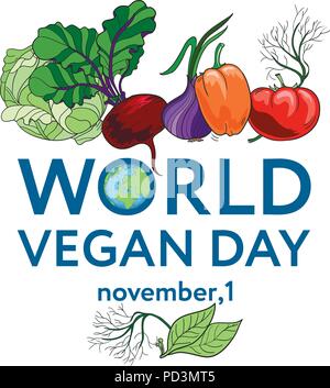 World Vegan Day. Vector illustration un arrière-plan avec des légumes, y compris la tomate, carotte, poivron, l'oignon, l'aneth, betterave, bay leaf Illustration de Vecteur