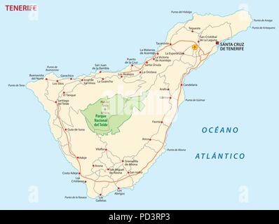 Vector carte routière de l'île des Canaries tenerife Illustration de Vecteur