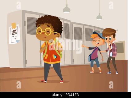 Triste garçon afro-américain de poids portant des lunettes en passant par l'école. École des garçons et gill rire et pointant vers le garçon obèse. La honte du corps gras, mortifiante. Bulling à l'école. Vector illustration Illustration de Vecteur