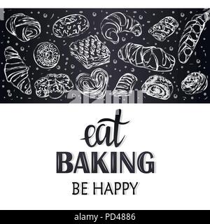 Décor pour un magasin ou un café avec des pâtisseries, pain, pâtisserie. Boulangerie, pain maison, illustration manuscrite avec lettrage. Pancarte, vector Illustration de Vecteur