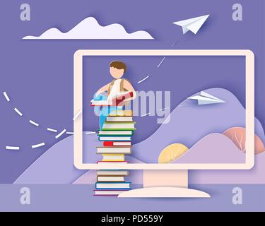 Retour à l'école 1 septembre carte. Écran avec montagnes et boy reading book et assis sur la pile de livres. Modèle de coupe de papier. Vector illustration Illustration de Vecteur