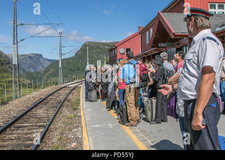 Myrdal, la Norvège, le 22 juillet 2018 : Les passagers sont en attente à la plate-forme pour leur train Flam à arriver. Le train va descendre à flam. Banque D'Images