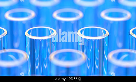 Close up sur les rangées de tubes à essai en verre, avec des reflets bleu Banque D'Images