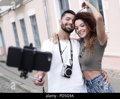 Bon voyage couple, selfies humeur romantique. Banque D'Images