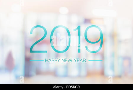 Bonne année 2019 sur mot de couleur pâle flou convention hall office building bokeh background Banque D'Images