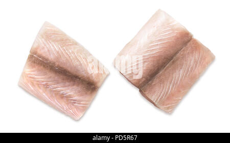 Partie de deux filets de mahi-mahi poisson frais sur un fond blanc Banque D'Images