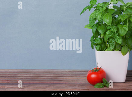 Modèle de présentation : le basilic et tomates sur une table en bois Banque D'Images