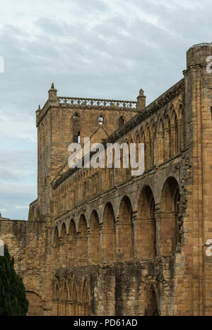 Détail architectural des ruines de l'abbaye de Jedburgh, une Abbaye Augustinienne de styles roman et gothique précoce. Banque D'Images