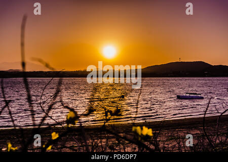 Coucher de soleil le long de la plage à Seopjikoji, Ile de Jeju, Corée du Sud. Banque D'Images