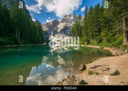 Été merveilleux paysages de lac Braies (Lago di Braies) et de mélèzes avec reflet dans l'eau. De Fanes-Sennes-Prags Banque D'Images