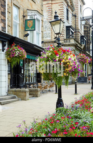 Montpellier trimestre, Harrogate avec lampes de rue en fonte et de charmants paniers suspendus floral dans une ambiance chic, cosmopolite et commerçante. Banque D'Images