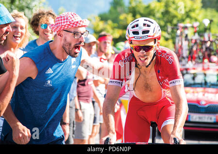 Des cris d'encouragement du ventilateur Dutch Corner, à l'Alpe d'Huez Tour de France 2018 Banque D'Images