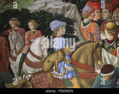 Julien de Médicis avec un guépard apprivoisé derrière lui à cheval représenté dans la fresque de Benozzo Gozzoli peintre italien de la Renaissance dans la Chapelle des Mages dans le Palazzo Medici Riccardi à Florence, Toscane, Italie. Banque D'Images