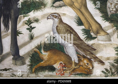 Goshawk et lièvre représentés dans la fresque du peintre italien de la Renaissance, Benozzo Gozzoli, dans la chapelle de Magi, dans le Palazzo Medici Riccardi à Florence, en Toscane, en Italie. Le perfaucon du Nord (Accipiter gentilis) est représenté dans la murale. Banque D'Images