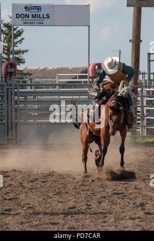 Teenage boy participe à la Selle monte de compétition à l'Nite Rodeo, Nanton Nanton (Alberta), Canada Banque D'Images
