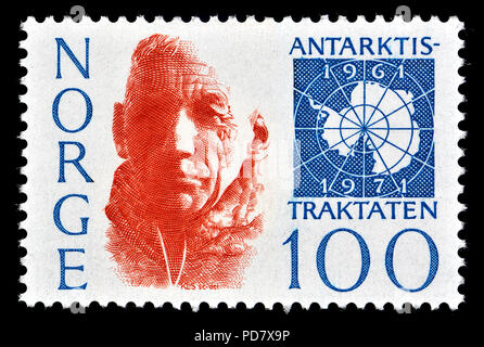 Timbre norvégien (1971) : Roald Engelbregt Gravning Amundsen (1872 - 1928) explorateur polaire norvégien. Timbre commémorant 10 ans de recherche scientifique