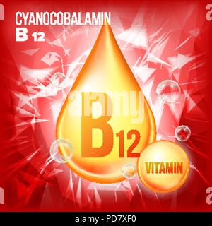 La vitamine B12 cyanocobalamine vecteur. La vitamine Huile d'or Drop Icône. Or organique icone gouttelette. Pour la beauté, Cosmétiques, Heath Annonces Promo Design. Régime complexe 3D avec formule chimique. Illustration Illustration de Vecteur