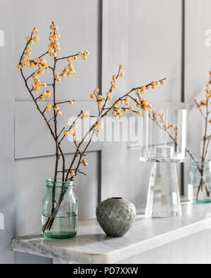 Branches de l'hiver de l'or dans la bouteille de lait en verre et un pot par Akiko Hirai sur la cheminée Banque D'Images