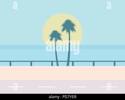 Route à l'arrière-plan de la plage, le soleil avec des palmiers, un paysage tropical. L'autoroute le long de l'océan. Vector illustration Illustration de Vecteur