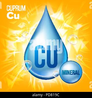 Cuprum Cu vecteur. L'icône bleu bleu minéral. Des gouttelettes de liquide vitamine Icône. Substance pour la Beauté, cosmétique, Heath Annonces Promo Design. Complexe Minéral 3D avec formule chimique. Illustration Illustration de Vecteur