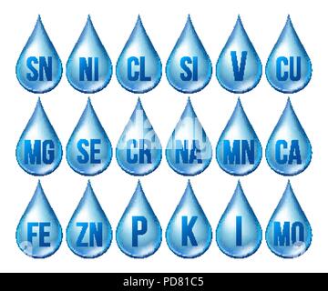 Minéral Icons Set vecteur. L'icône bleu bleu minéral. Des gouttelettes de la médecine. Substance. 3D La vitamine complexe avec la formule chimique. Illustration isolé liquide Illustration de Vecteur