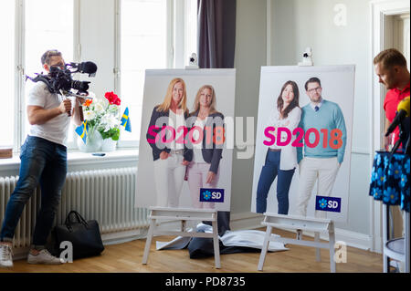 Stockholm, Suède, le 7 août 2018. Suède-démocrates dévoilent des affiches électorales. Credit : Barbro Bergfeldt/Alamy Live News Banque D'Images