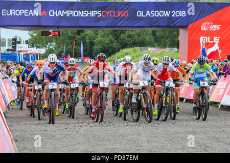 Glasgow, Royaume-Uni. 7 août 2018. Le championnat d'Europe 2018 Cross Country (womens) a tenu plus de Cathkin Braes sur le côté sud de Glasgow a été gagné plus de 5 tours pour un total de 28.0km/ 17,3 miles par Jolanda NEFF (SUI) avec un champ de 32 cavaliers internationaux. Credit : Findlay/Alamy Live News Banque D'Images