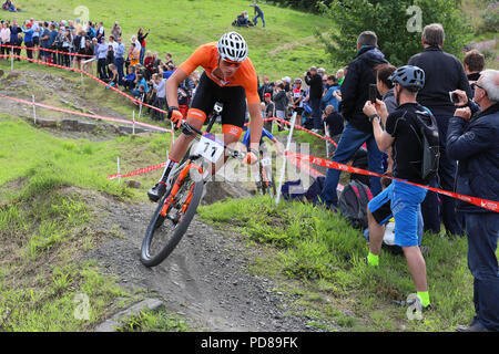 Cathkin Braes, Glasgow, Royaume-Uni. 7 Août, 2018. Les hommes,s cross country vtt essais cliniques a eu lieu plus de Cathkin Braes, au sud de la ville de Glasgow avec un champ de 59 cavaliers internationaux, les essais cliniques a été remporté par Lars Forster de Suisse Credit : Findlay/Alamy Live News Banque D'Images