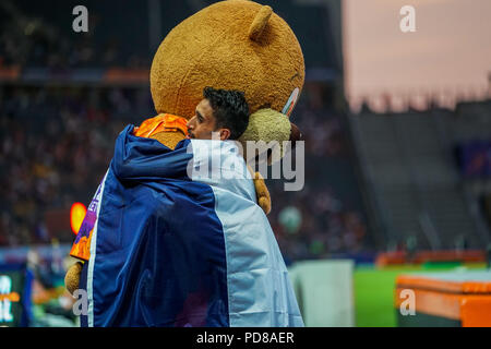 7 août 2018 : Morad Amdouni de Â France gagner mètre 10000 mens finale au Stade Olympique de Berlin, à l'European Athletics Championship. Ulrik Pedersen/CSM Banque D'Images