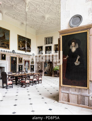 Une salle de réception spacieuse avec table, chaises et d'art encadrées Banque D'Images