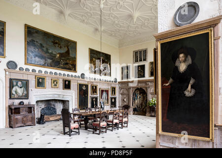 Une salle de réception spacieuse avec table, chaises et d'art encadrées Banque D'Images