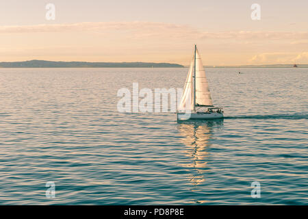 Bateau à voile yachts avec voiles blanches à la mer ouverte au coucher du soleil Banque D'Images