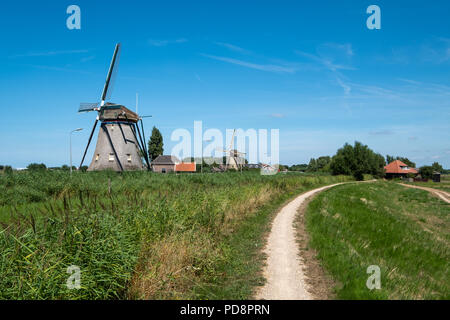 Deux moulins à vent sur une digue le long du polder près de Maasland, les Pays-Bas Banque D'Images