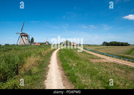 Deux moulins à vent sur une digue le long du polder près de Maasland, les Pays-Bas Banque D'Images