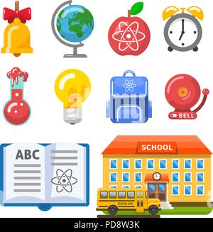 Bâtiment de l'école utile, bus, réserver et d'objets Illustration de Vecteur