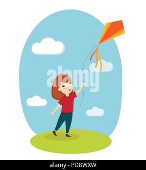 Fille et cerf-volant, enfant jouant, nature, pelouse, ciel. Vector illustration Illustration de Vecteur