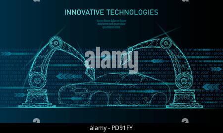 Bras robot poly faible voiture assemblée générale des techniques d'automatismes. Usine d'entreprise industrielle machine-robot soudeur. Soudage carrosserie polygone main android triangle bleu illustration vecteur géométrique Illustration de Vecteur