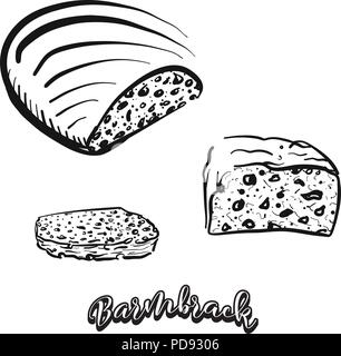 Croquis dessinés à la main de Barmbrack pain. Dessin vectoriel de la levure alimentaire pain, habituellement connu en Irlande. Illustration du pain series. Illustration de Vecteur