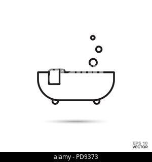 Baignoire avec bain à bulles et la serviette sur l'icône de la ligne du vecteur. Symbole d'hygiène personnelle et spa. Illustration de Vecteur